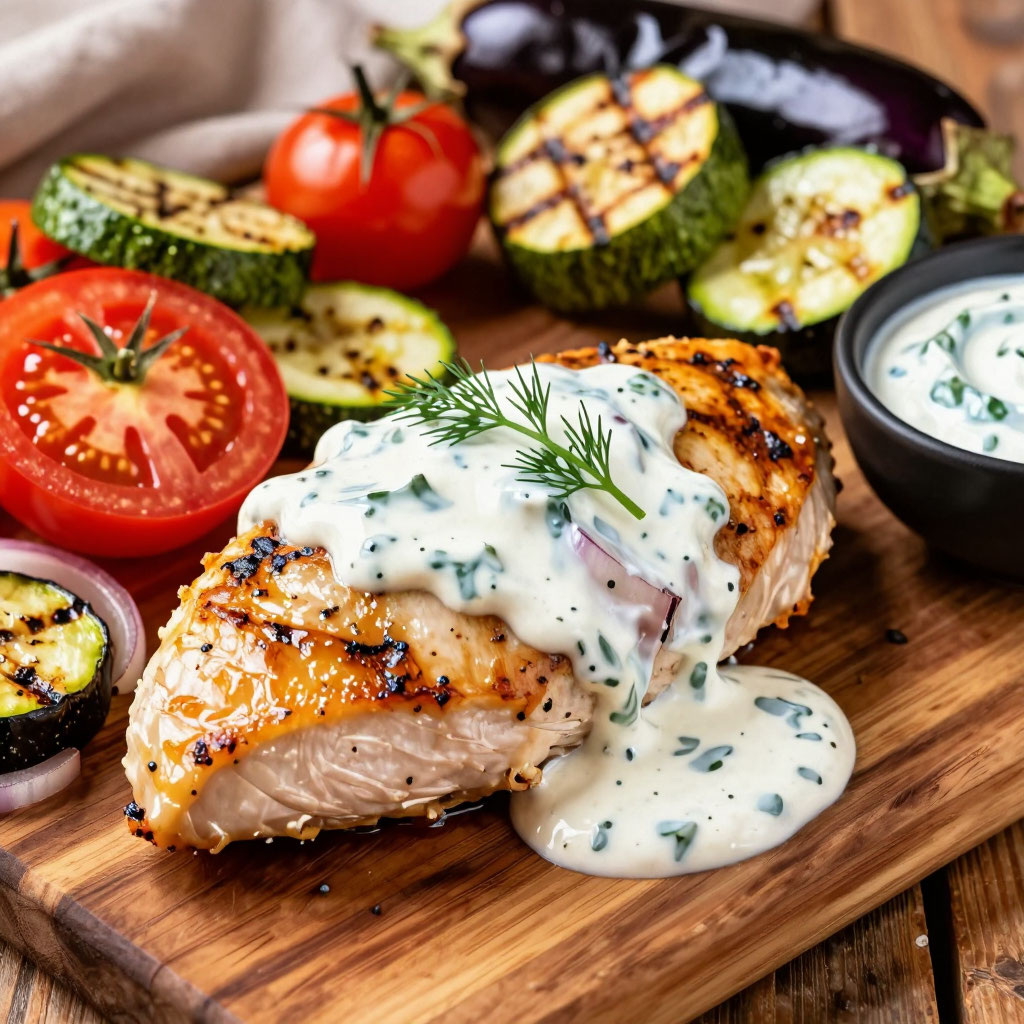 Куриная грудка с овощами гриль и соусом дзадзики